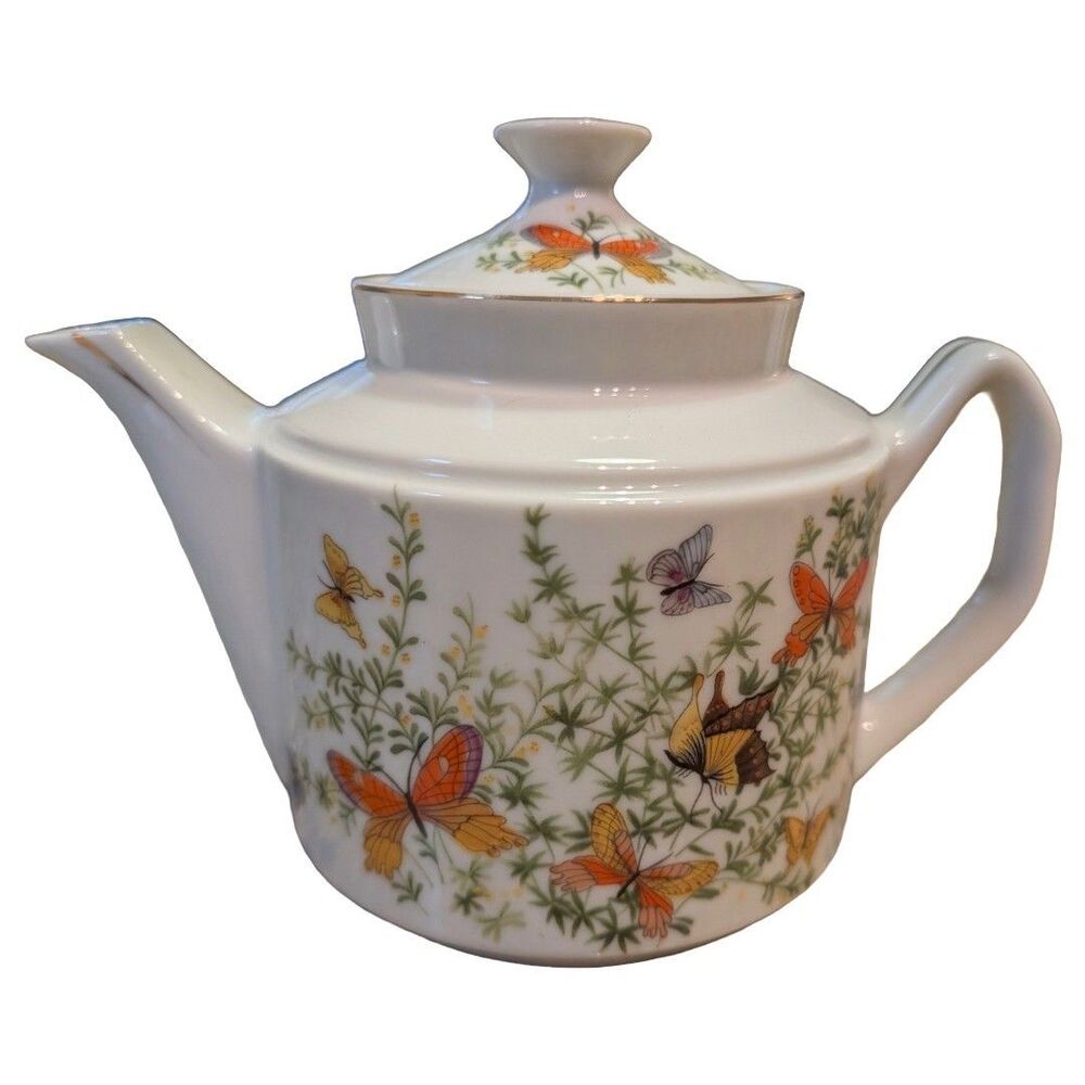 Vtg Natures Garden Ecstasy Shafford Butterflies Teapot 6 Cup Floral w/ Lid 6"